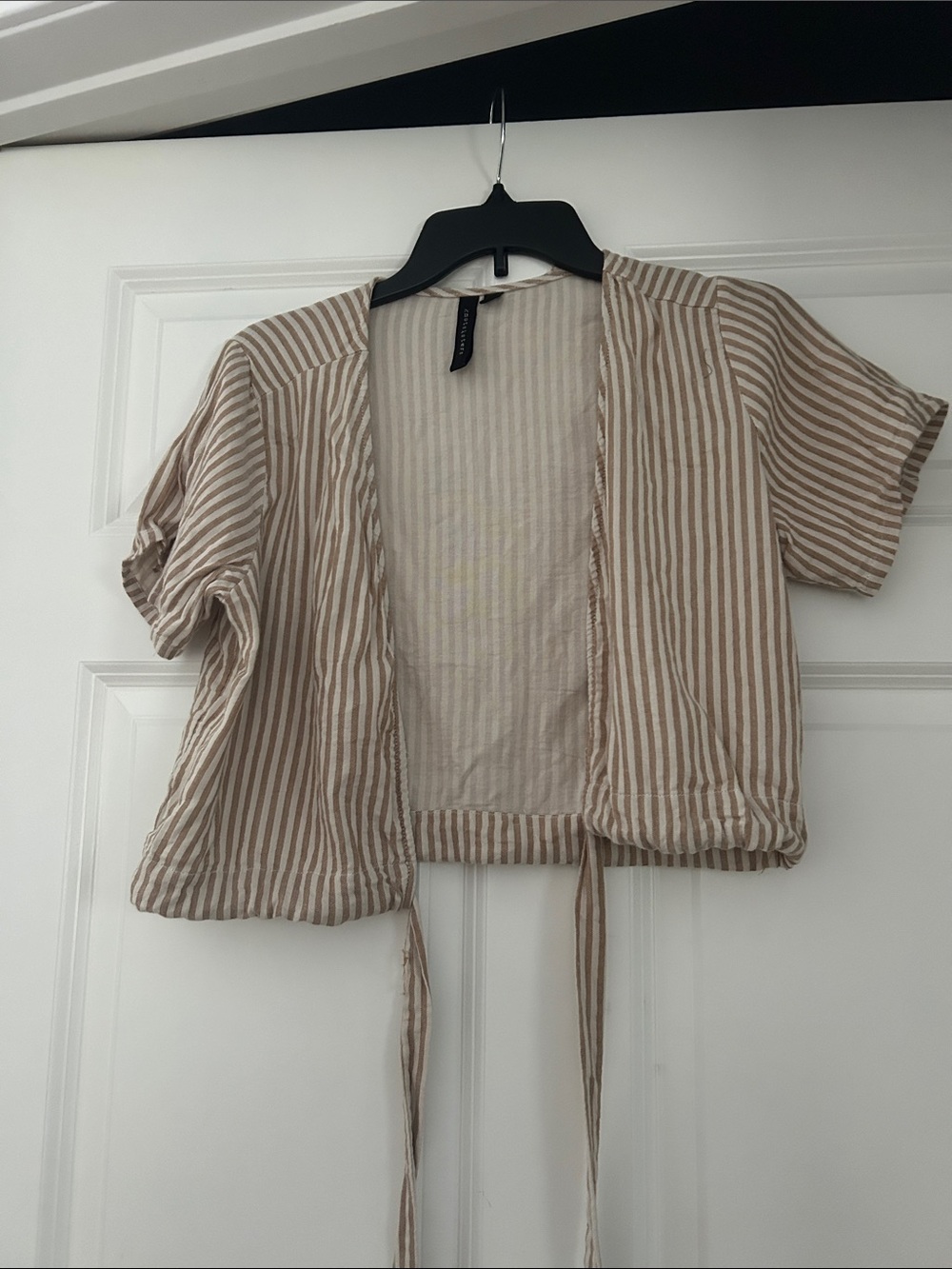 knot sisters Beige and White Striped Cropped Tie-Front Top